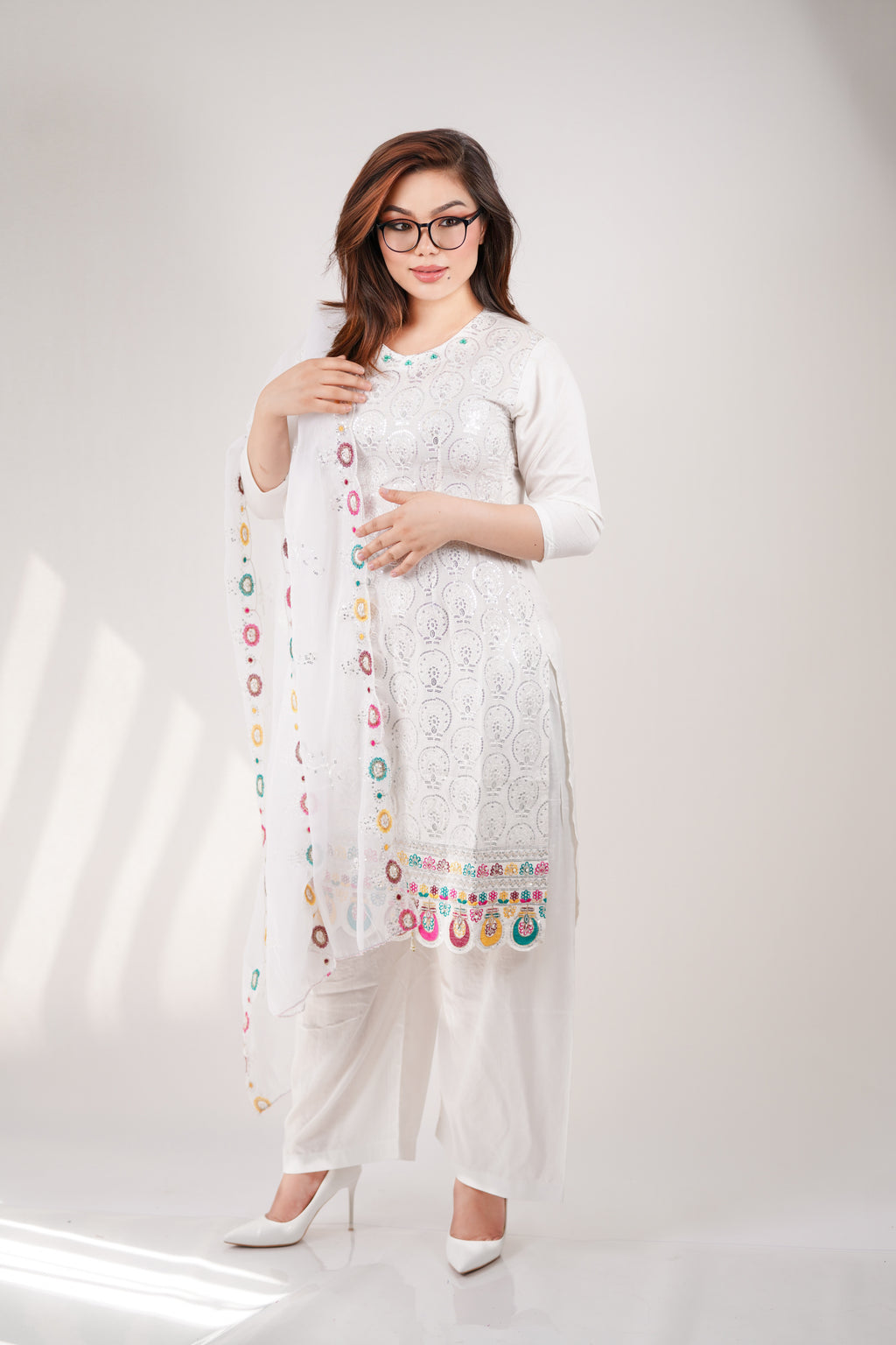 Panjapy Women's Embroidered Polyester Dress - Elegant Floral Design-W23