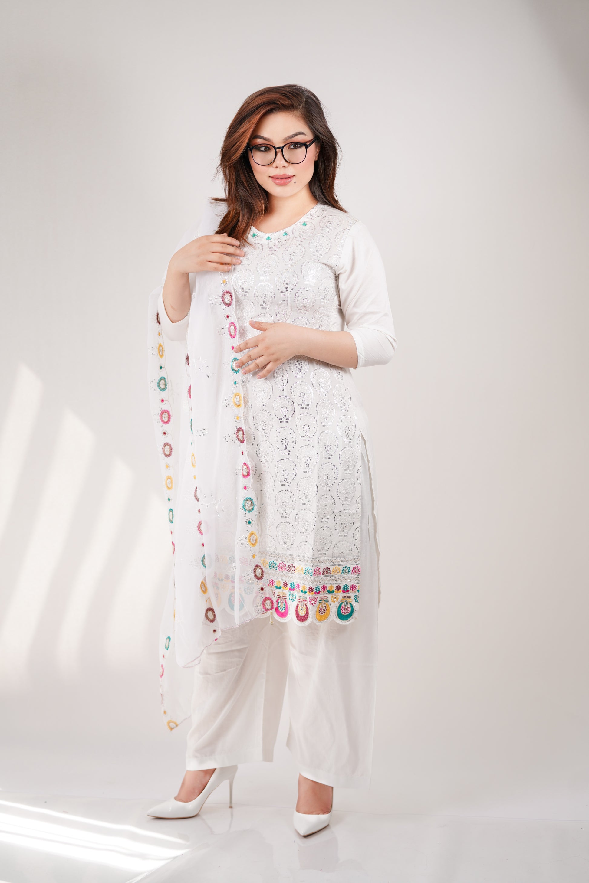Panjapy Women's Embroidered Polyester Dress - Elegant Floral Design-W23