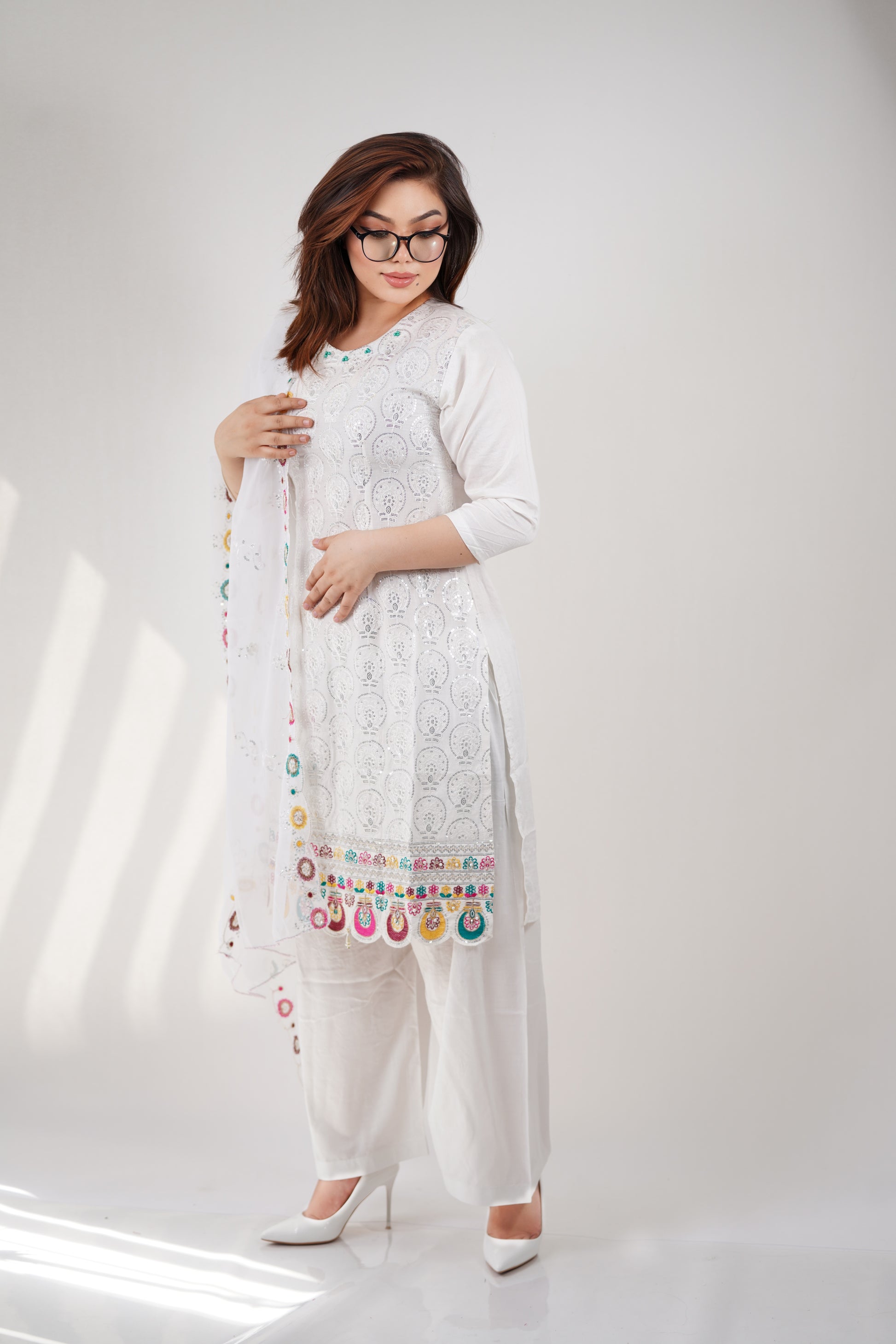 Panjapy Women's Embroidered Polyester Dress - Elegant Floral Design-W23