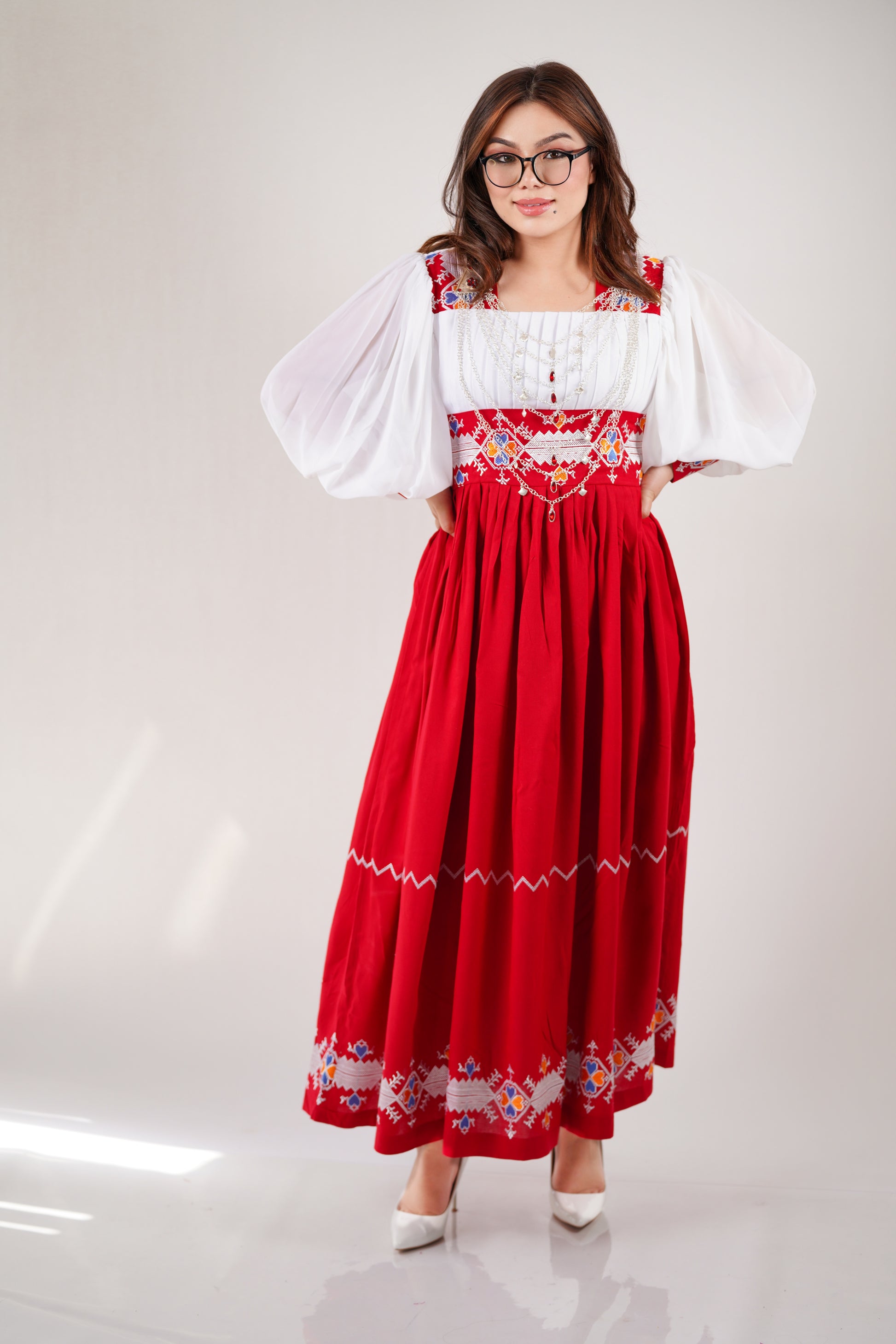 Shall-Elegant White and Red with Embroidered long Skirt W16